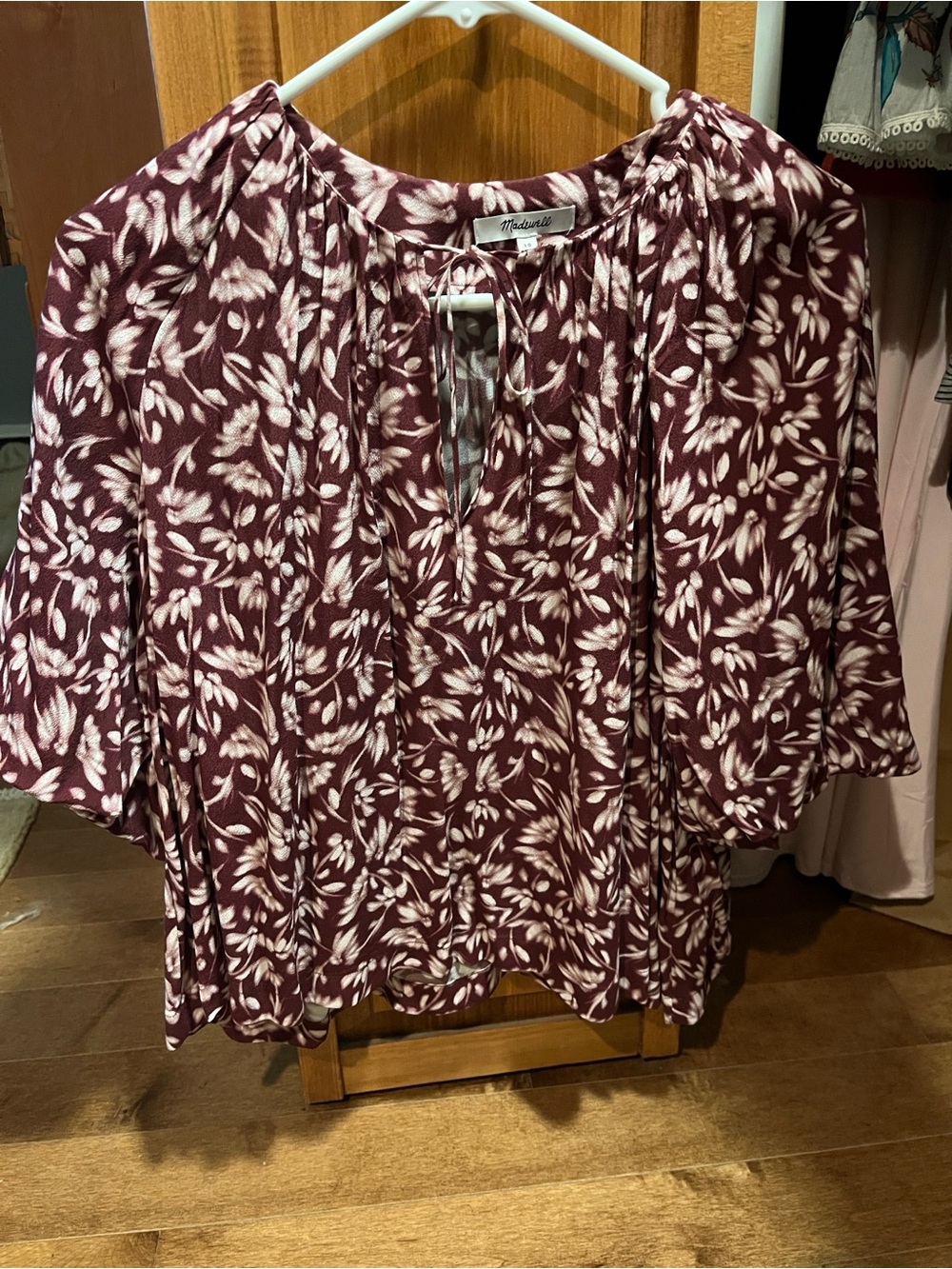 Madewell Burgundy and White Floral Tie-Neck Blouse